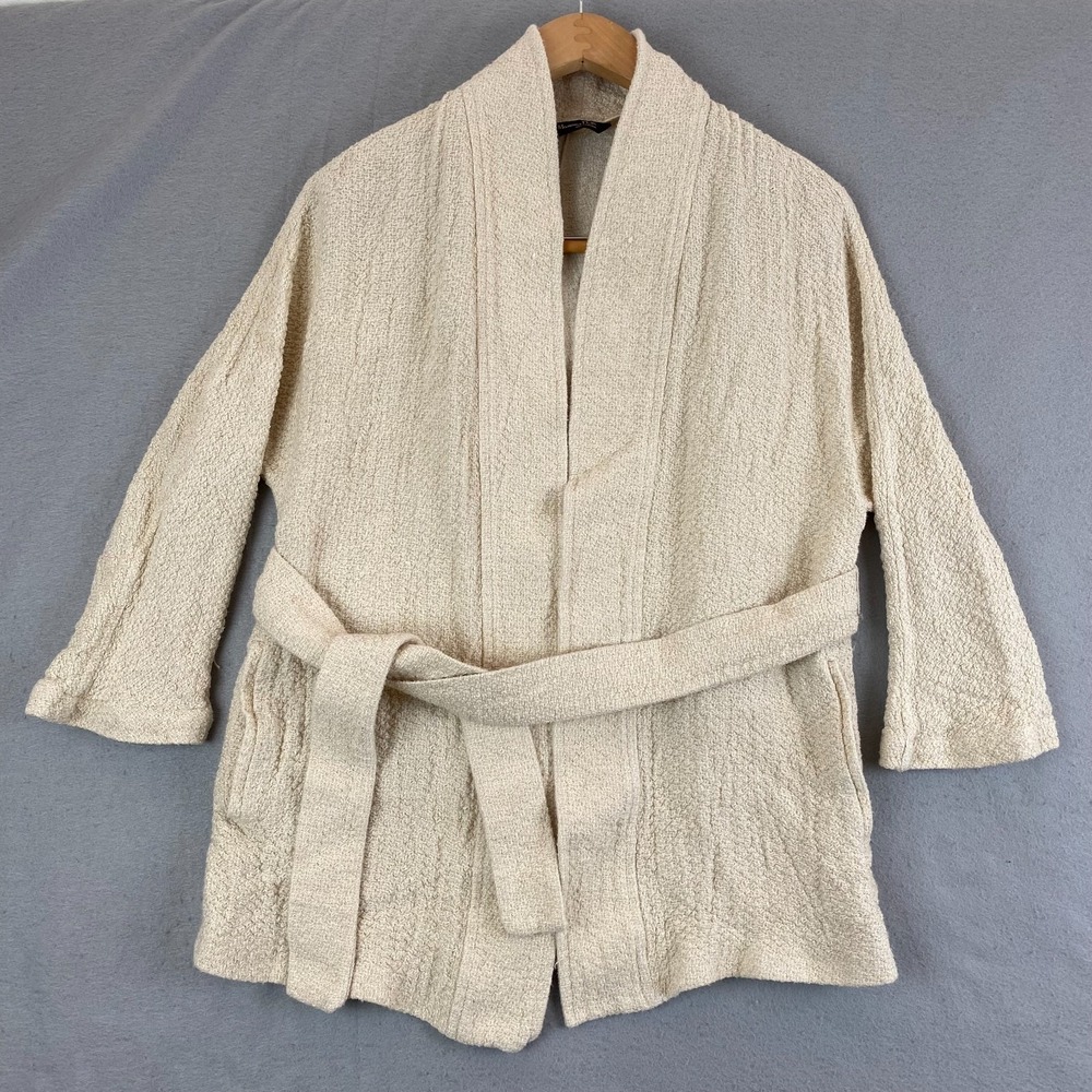 Massimo Dutti womens Cardigan Sweater Medium Linen Tie Front beige pockets belt